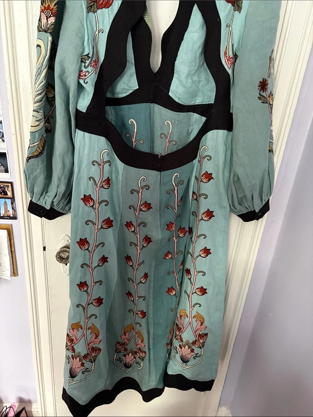 FARM RIO DRESS Women’s Light Teal Embroidered Midi Dress with Black Trim - Picture 7 of 9
